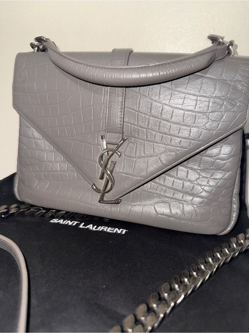 Saint Laurent Grey Croc-Embossed Collage Bag